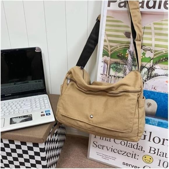 Casual Bag Canvas Shoulder Tote Travel Bag for Women and Men- Khaki - Picture 3 of 6